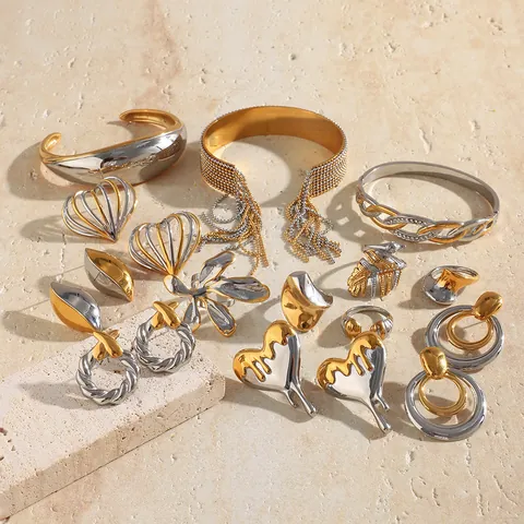 Joyas de Acero Inoxidable Bicolor Corazón Flor Para Mujer Chapado en Oro 18K Strass Brazalete Anillo Pendiente Minimalista Estilo Lujo Ligero Regalo