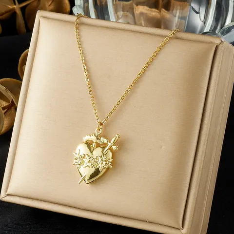 Gothic 304 Stainless Steel Gold Plated Heart Rose Sword Pendant Necklace For Women Retro Sacred Heart Floral Jewelry