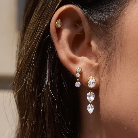 Original Stainless Steel Gold Zirconia Earrings Set For Women Hypoallergenic Water Drop Tassel Stud Earrings Luxury Fashion Jewelry