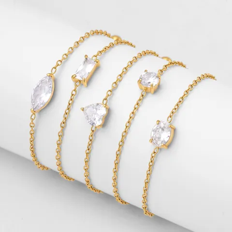 18k Gold Plated Stainless Steel Adjustable Bracelet For Women White Zirconia Heart Round Geometric Charm Slider Chain Jewelry
