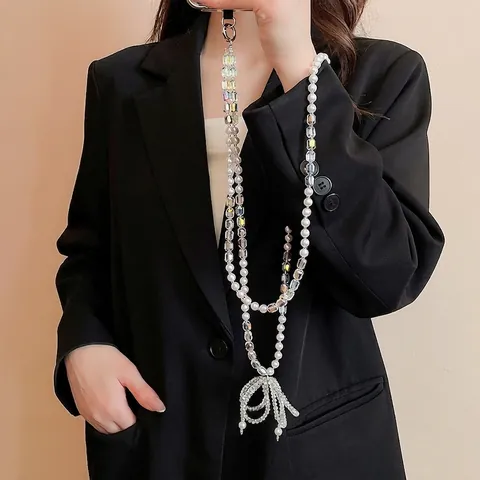 Lanière de Téléphone en Perles de Verre de Cristal et Perles Artificielles Style Ins Chaîne Longue en Bandoulière Faite à la Main avec Nœud Accessoires de Mode Femme
