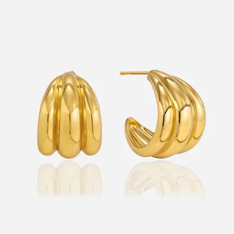 Minimalist Stainless Steel C Shaped Stud Earrings Gold Triple Ribbed Hoop Earrings For Women Fashion Jewelry