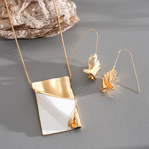 Original Alloy Enamel Flip Book Pendant Necklace And Crinkled Gold Earrings For Women Creative Fashion Sweater Chain Jewelry