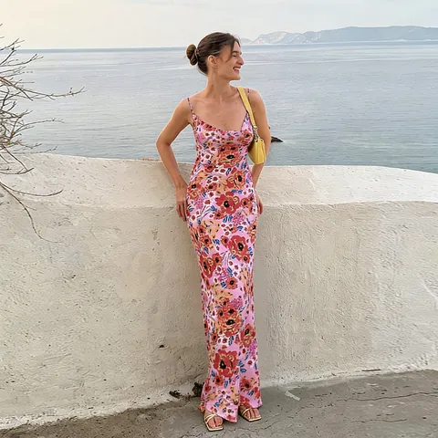 Women Pink Floral Print Maxi Dress Backless Slim Fit Polyester Vacation Beach Cami Dress Elegant
