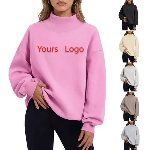 Damen Stehkragen Oversized Sweatshirt Dickes Fleece Langarm Überschnittene Schultern Lose Lässige Pullover Top Einfarbig