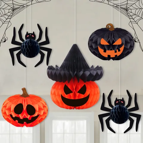 Halloween Décorations Suspendues en Papier Alvéolé Citrouille Araignée Chapeau de Sorcier Ornements DIY 3D pour Fête Maison Hantée