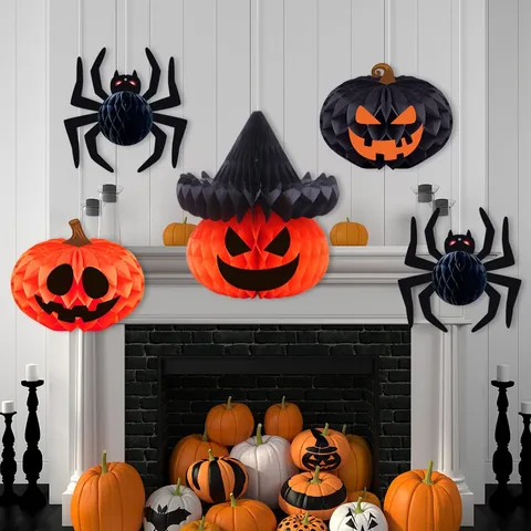 Halloween Décorations Suspendues en Papier Alvéolé Citrouille Araignée Chapeau de Sorcier Ornements DIY 3D pour Fête Maison Hantée