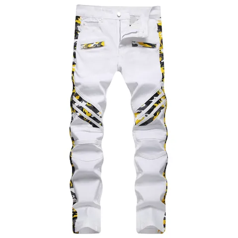 Jean Denim Blanc Coupe Slim Pour Hommes Avec Patchwork Camo Pantalon De Motard Plissé Moto Streetwear Mode Tendance