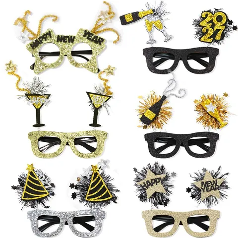 2026 Occhiali da Festa di Capodanno Glitter Bottiglia di Champagne Stella Accessori Foto Oro Argento Occhiali Decorativi