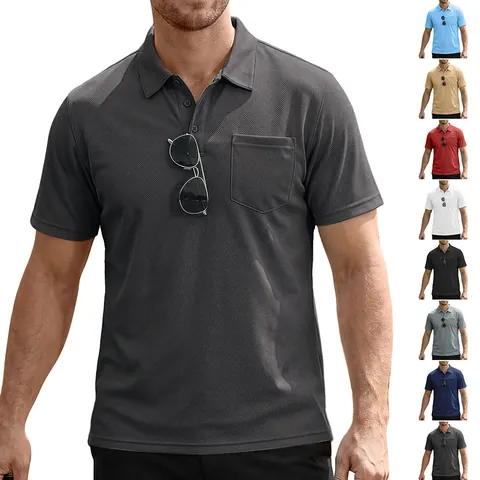 Men Polo Shirt Short Sleeve Mesh Breathable Lapel Pocket Casual Business Sport Fashion Tops Polyester Solid Color