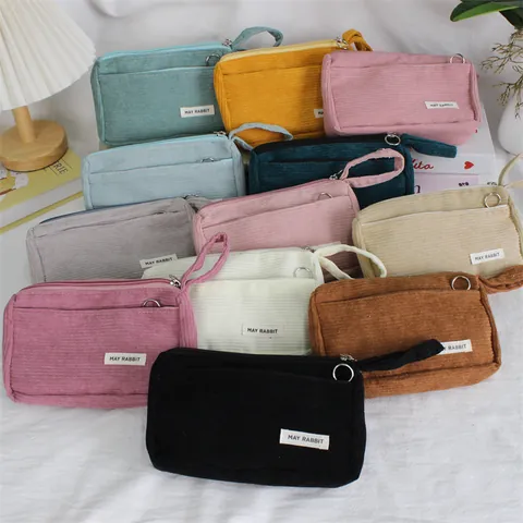 Corduroy Pencil Case Aesthetic Solid Color Large Capacity Portable Storage Bag Hand Strap Office School Stationery Organizer