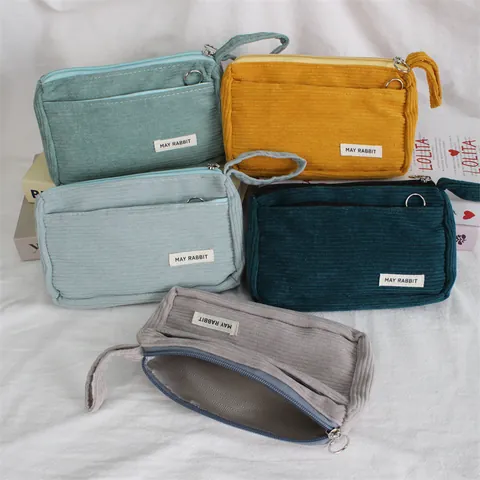 Corduroy Pencil Case Aesthetic Solid Color Large Capacity Portable Storage Bag Hand Strap Office School Stationery Organizer