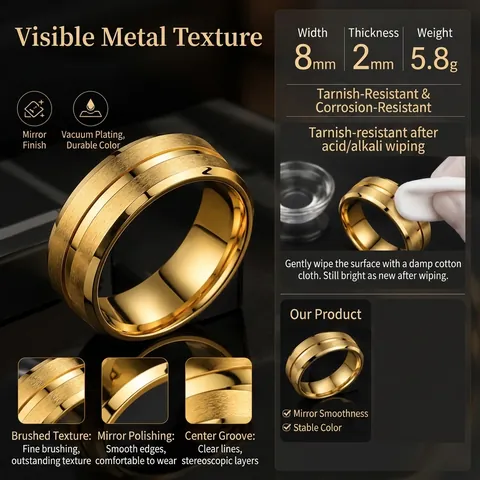 Bague Anneau en Acier Inoxydable Minimaliste Pour Hommes Femmes Texture Brossée Design à Rainure Bijoux de Doigt de Mode