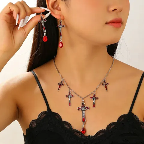 Gothic Bat Cross Necklace And Earrings Retro Silver Alloy With Red Rhinestones Halloween Women Jewelry Accessory