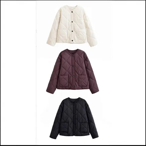 Quilted Jacket Liner Women Round Neck Button Down Casual Lightweight Coat With Pockets Solid Color Polyester Cotton