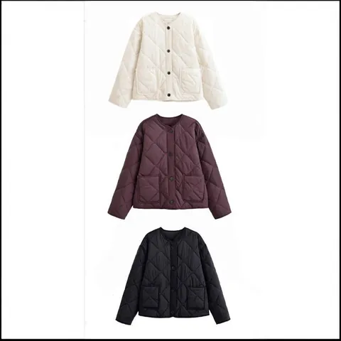 Veste Matelassée Doublure Femme Col Rond Boutonnée Décontractée Légère Avec Poches Couleur Unie Polyester Coton