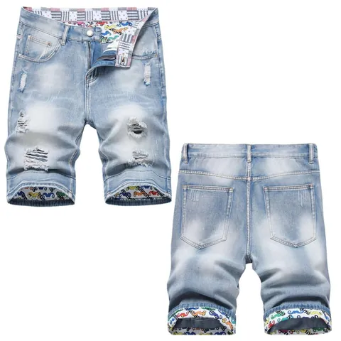Shorts en Denim pour Hommes Déchirés Lavés Shorts en Jean Doublure Imprimée Graffiti Coupe Droite Taille Moyenne