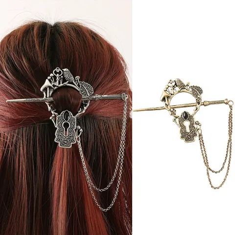 Vintage Alloy Forest Bird Mushroom Hair Stick With Tassel Chain Antique Gold Silver Rhinestone Hairpin For Women Accessory