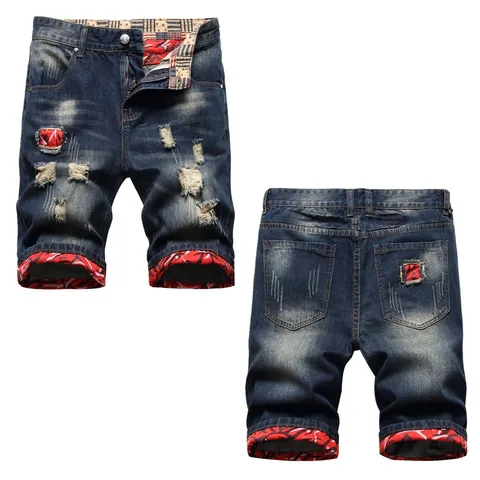 Short en Jean Vieilli Vintage pour Hommes Avec Patchwork Floral Rouge Déchiré Longueur Genou Short en Jean Lavé Mode Streetwear