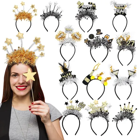 Happy New Year 2026 Party Headband Tinsel Star Crown Hair Hoop For Celebration Countdown Eve Event Favor Accessories