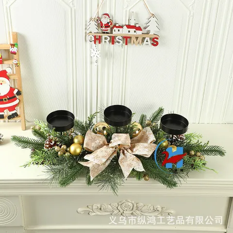 Centro De Mesa Candelabro Navidad Pinos Artificiales Bolas Doradas Piñas Lazo Decoración De Escritorio