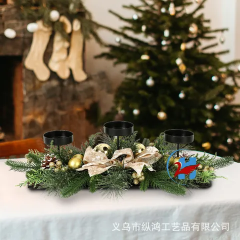Centro De Mesa Candelabro Navidad Pinos Artificiales Bolas Doradas Piñas Lazo Decoración De Escritorio