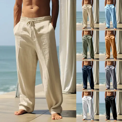 Herren Leinen Freizeithose Kordelzug Elastische Taille Atmungsaktiv Leicht Sommer Strand Urlaub Gerade Weite Beine Einfarbig