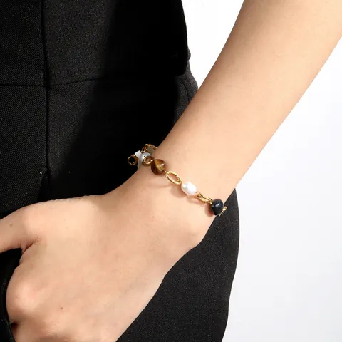 Bracciale Vintage In Acciaio Inossidabile Con Occhio Di Tigre Perla Artificial E Pietra Naturale Catena Con Perline Per Donna