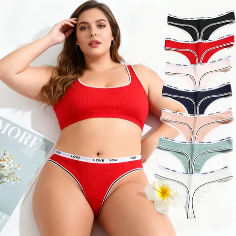 Women Ribbed Cotton Thong Low Rise Breathable Panties Letter Print Elastic Waistband G-String Comfort