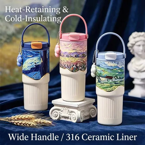 Floral Ceramic Liner Stainless Steel Insulated Tumbler With Straw Portable Strap Large Capacity Vacuum Cup For Women Car Travel