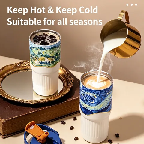 Vaso Térmico de Flores Revestimiento Cerámica Acero Inoxidable Pajita Correa Portátil Gran Capacidad Taza de Vacío Mujeres Coche Viaje