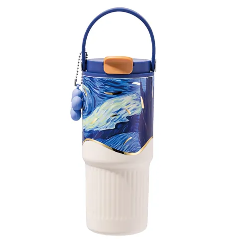 Bicchiere Termico Floreale Rivestimento Ceramica Acciaio Inossidabile Cannuccia Cinturino Portatile Grande Capacità Tazza Sottovuoto Donne Auto Viaggio