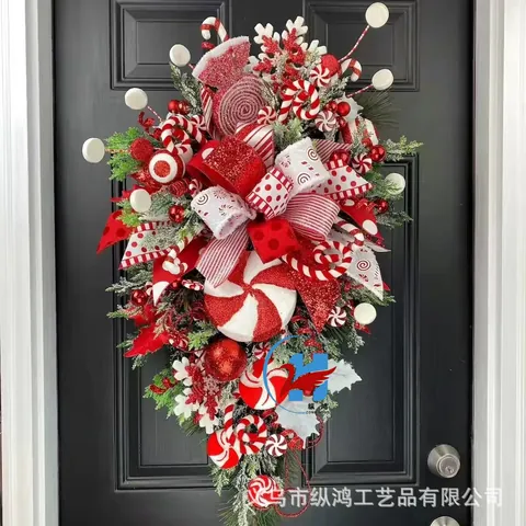 Christmas Teardrop Swag Wreath Candy Theme Red White Bow Pine Needle Berries Door Wall Holiday Decoration Festive