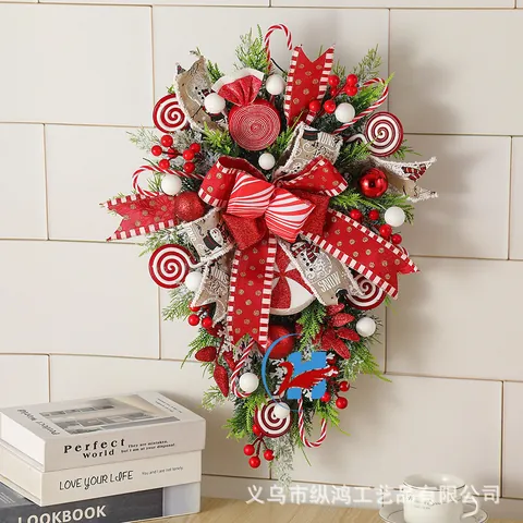 Christmas Teardrop Swag Wreath Candy Theme Red White Bow Pine Needle Berries Door Wall Holiday Decoration Festive