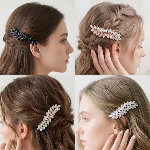 Barrette À Cheveux Feuille De Zircon Élégante Rétro Pince À Ressort Pour Femmes Cristal Brillant Coiffe Mariée