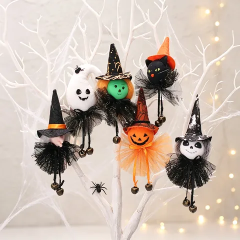 Adornos Colgantes Halloween Tela Gasa Bruja Calabaza Fantasma Calavera Con Cascabeles Metal Para Decoración De Fiesta