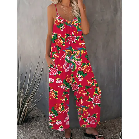 Dames Zomer Bloemen Feniks Print Camisole Jumpsuit Losse Wijde Pijpen Broek Met Zakken Casual Vakantie Mouwloze Jumpsuit