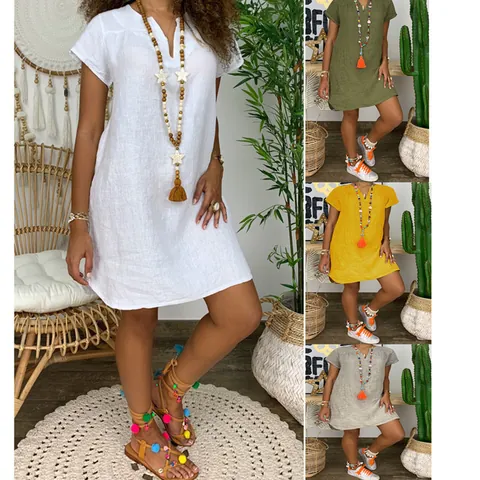 Women Casual V-Neck Linen Blend Woven Dress Loose Short Sleeve Solid Color Bohemian Summer Vacation Midi Dress Top