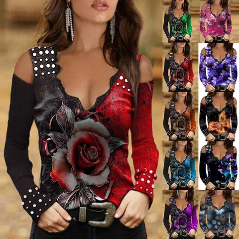 Women's Lace Cold Shoulder Long Sleeve Top V-Neck Floral Butterfly Printed Slim Fit Casual T-Shirt Cotton Blend Pullover