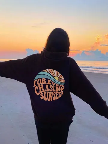 Forever Chasing Sunsets American Style Oversized Hoodie Retro Seascape Print Fleece Pullover Autumn Winter Casual Hooded Sweatshirt