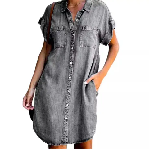 Women Casual Denim Shirt Dress Short Sleeve Button Down Mini Shirt Dress With Pockets Plus Size Solid Color A-Line Dress