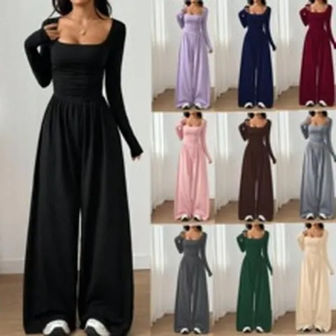 Women Square Neck Long Sleeve Jumpsuit Fashion Casual Wide Leg Solid Color Slim Fit One Piece Romper For Streetwear Party