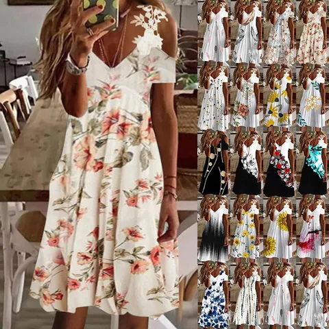 Robe Midi Femme Élégante Épaules Dénudées Bordure en Dentelle Col en V Imprimé Floral Manches Courtes Robe d'Été Décontractée