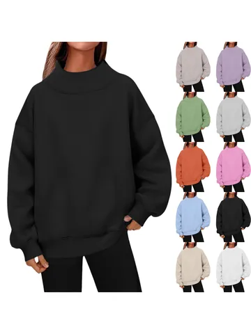 Women's Casual Oversized Mock Neck Fleece Sweatshirt Long Sleeve Solid Color Pullover Warm Autumn Winter Fleece Lined Top