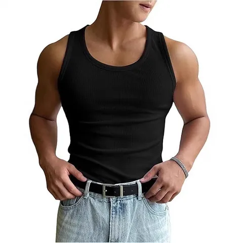 Men's Gym Fitness Muscle Tank Top Ribbed Round Neck Summer Casual Sleeveless T-Shirt Breathable Polyester Workout Vest