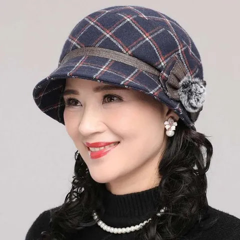 Damen Karo Wollstoff Anglerhut Faltbar Warm Winter Fischerhut Mit Blume Pompon Für Ältere Frauen