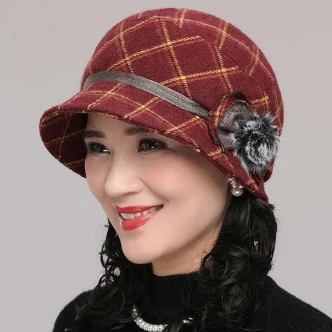 Damen Karo Wollstoff Anglerhut Faltbar Warm Winter Fischerhut Mit Blume Pompon Für Ältere Frauen