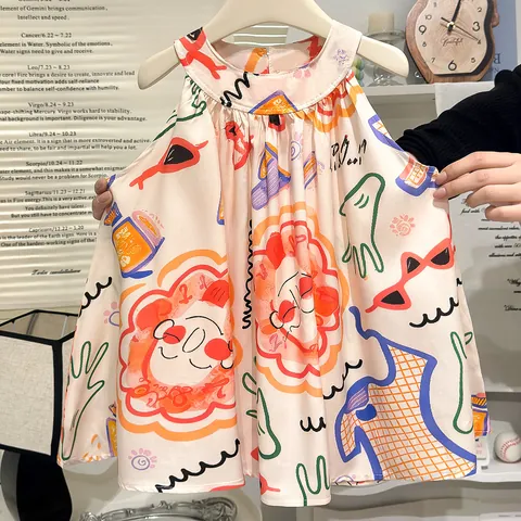 Girls Summer Sleeveless Artistic Print Dress Fresh Mori Girl Style Viscose Large Swing Hem Tank Dress For Kids Daily Wear