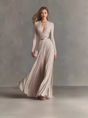 Abito Maxi da Donna Elegante Tinta Unita Scollo a V Manica Lunga Vita Alta Pieghettata Misto Poliestere Abito Lungo Formale