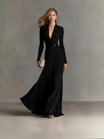 Abito Maxi da Donna Elegante Tinta Unita Scollo a V Manica Lunga Vita Alta Pieghettata Misto Poliestere Abito Lungo Formale